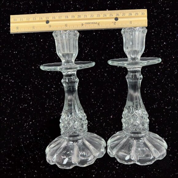 Antique Clear Glass Candle Stick Holder Set 2 Tapper Glass Manganese 365nm GREEN - Picture 5 of 12